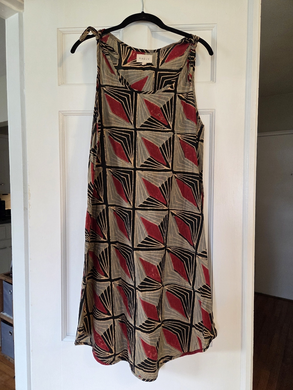 Maelu Designs Geometric Tie-Shoulder Midi Dress in Red, Tan and Black